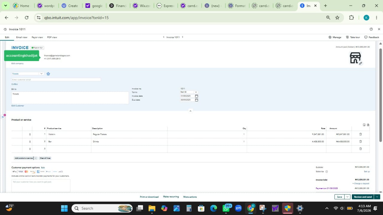 QuickBooks Invoice — Entertainment Client